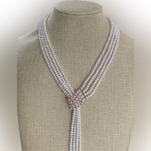 Genuine Vintage White Taupe Cultured Pearls Lariat Sterling Silver Necklace